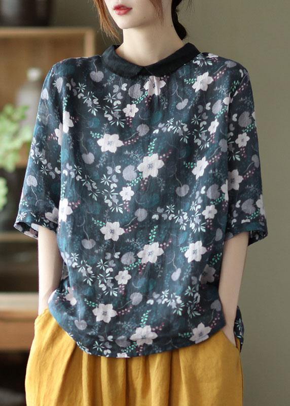Natural Navy Peter Pan Collar Print Summer Ramie Half Sleeve