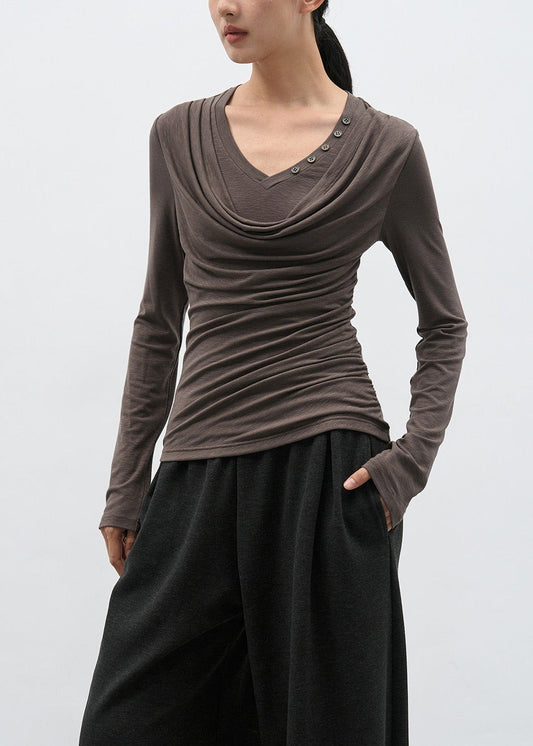 Modern Brown Wrinkled Patchwork Cotton T Shirts Spring