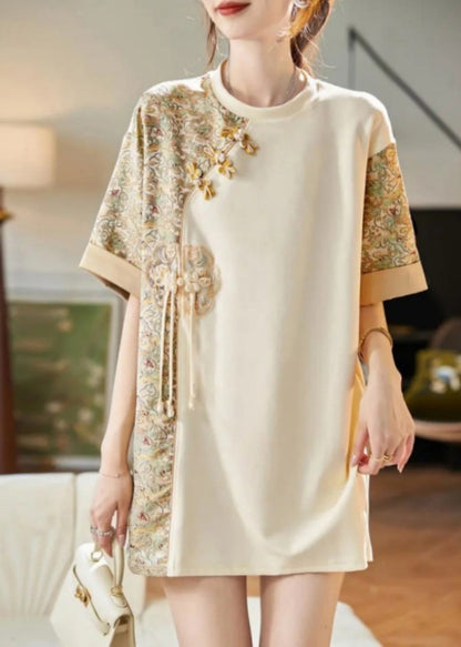 Beige O-neck Print Tassel Button Shirts Short Sleeve