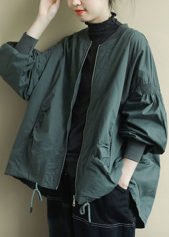 Green Zippered Pockets Low High Design Fall Coat Long Sleeve