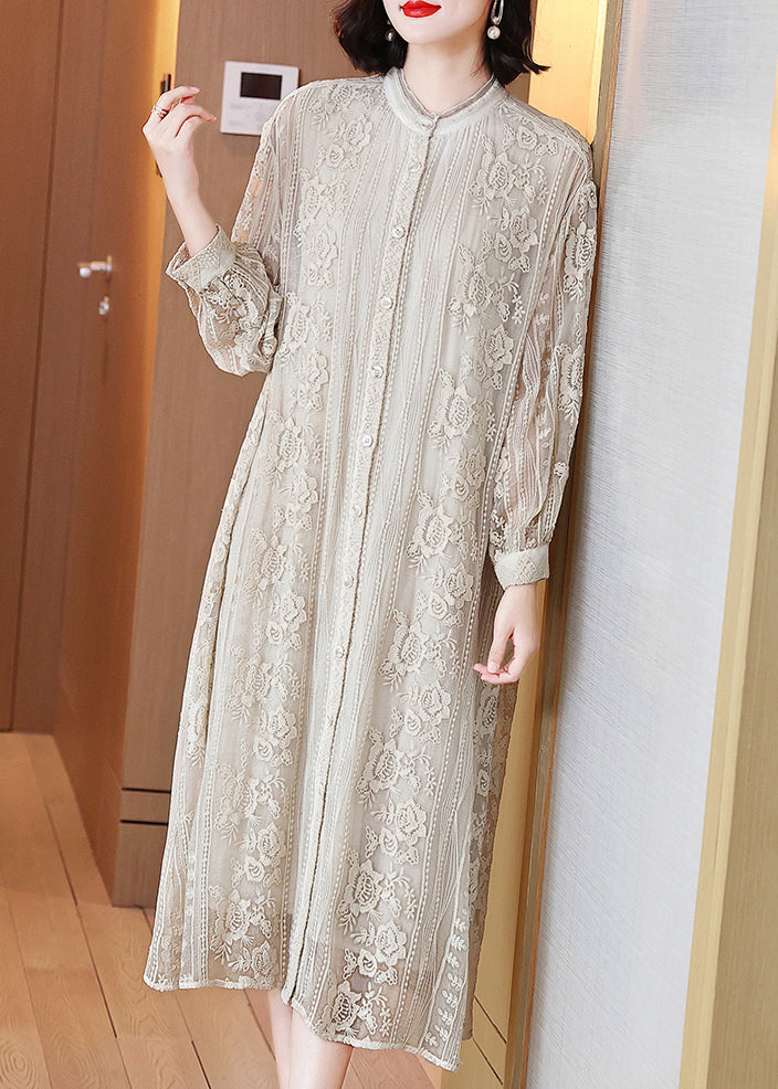 Beige Embroidered Button Silk Long Dresses Long Sleeve Spring