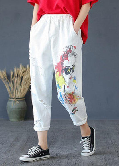Stylish White Print High Waist Hole Harem Cotton Pants