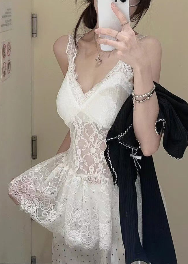 New White V Neck Lace Tank and Knit Cardigans Two Pieces Set Sleeveless