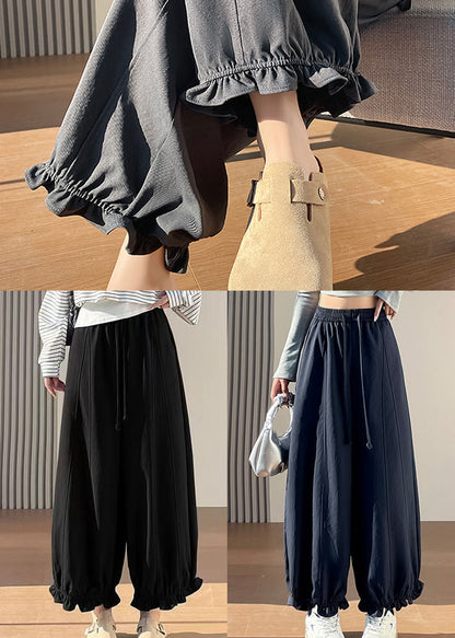 Black Elastic Waist Ruffled Cotton Pants Fall