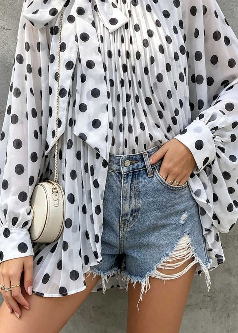 White Dot Print Bow Chiffon Tops Batwing Sleeve