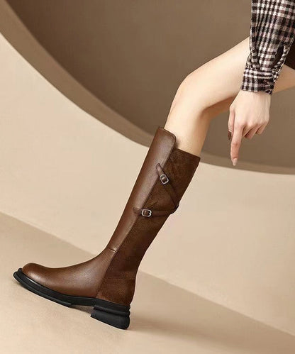 Splicing Chunky Long Boots Brown Cowhide Leather
