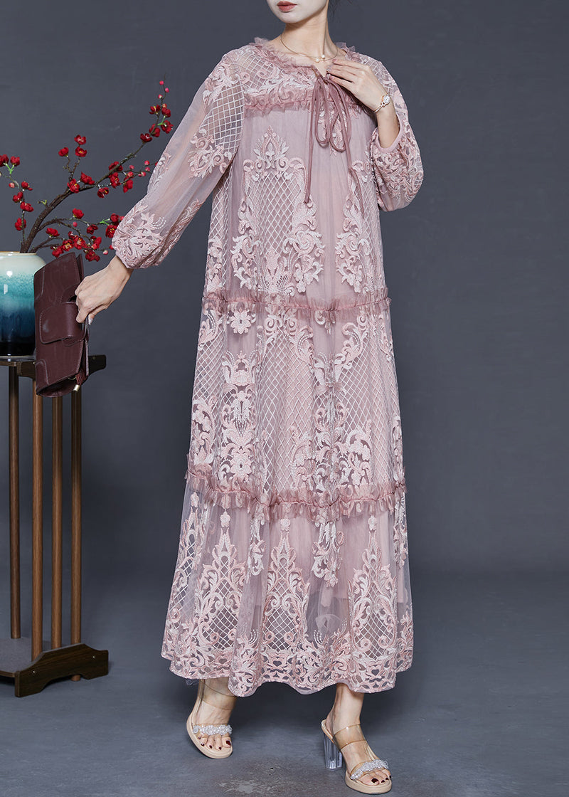 Pink Embroidered Patchwork Tulle Long Dresses Spring