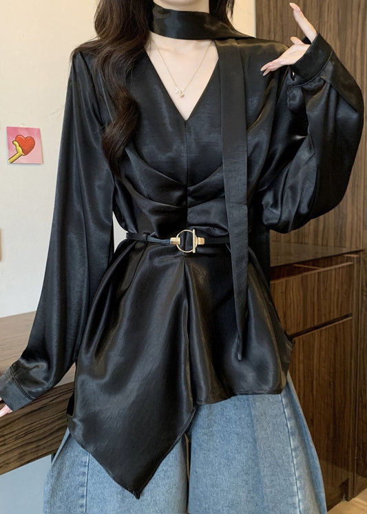 Black Asymmetrical Design Draping Silk Tunic Shirts Fall
