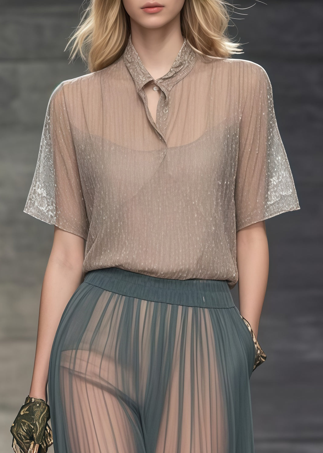 Khaki Stand Collar Sheer Tulle Blouse Tops Summer