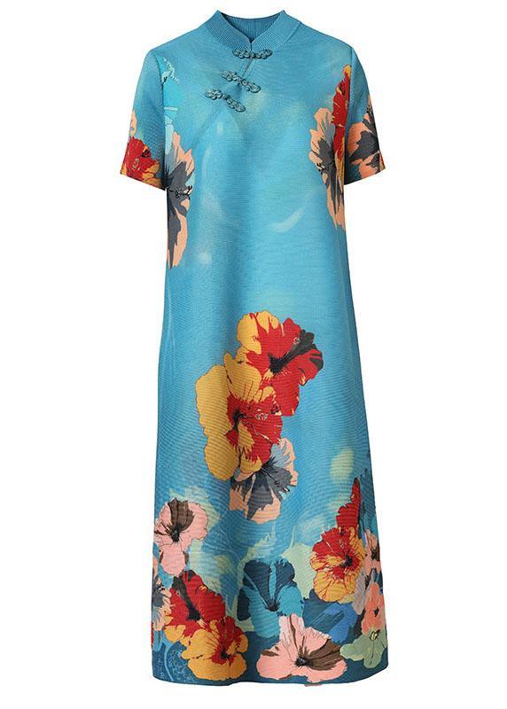 Unique Blue Print Mandarin Collar Maxi Dresses Summer