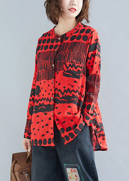Red O-neck Button Print Pockets Fall Blouses Long Sleeve
