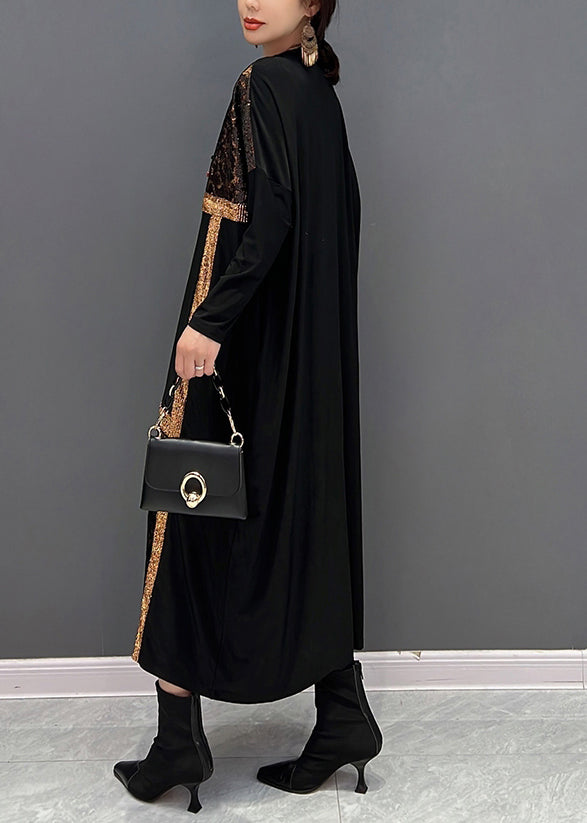Black O-neck Print Patchwork Cotton Maxi Dresses Fall