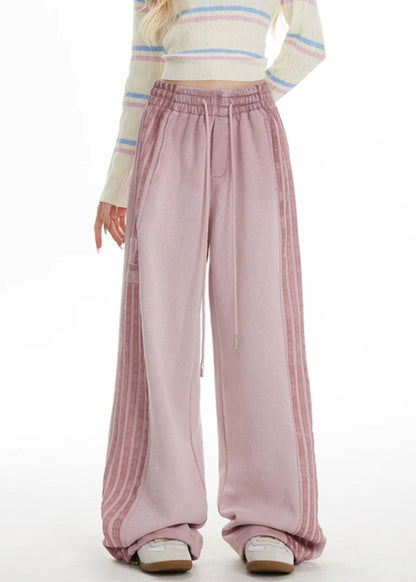 Pink Striped Elastic Waist Wide Leg Pants Spring