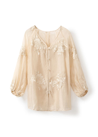 Beige V Neck Embroidered Silk Blouse Tops Fall