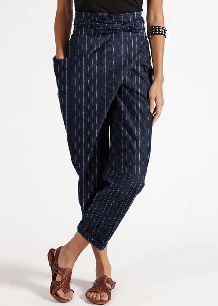 Grey Striped High Waist Cotton Harem Pants Summer