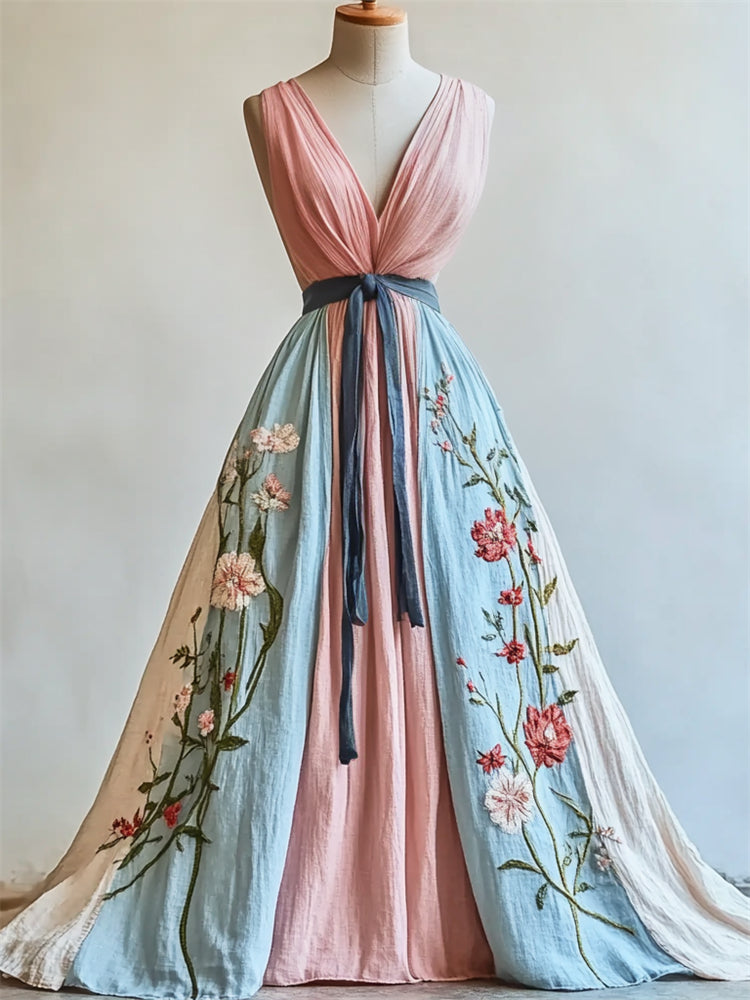 Floral Embroidered Trans Inspired Colorblock Linen Maxi Dress artswardrobe
