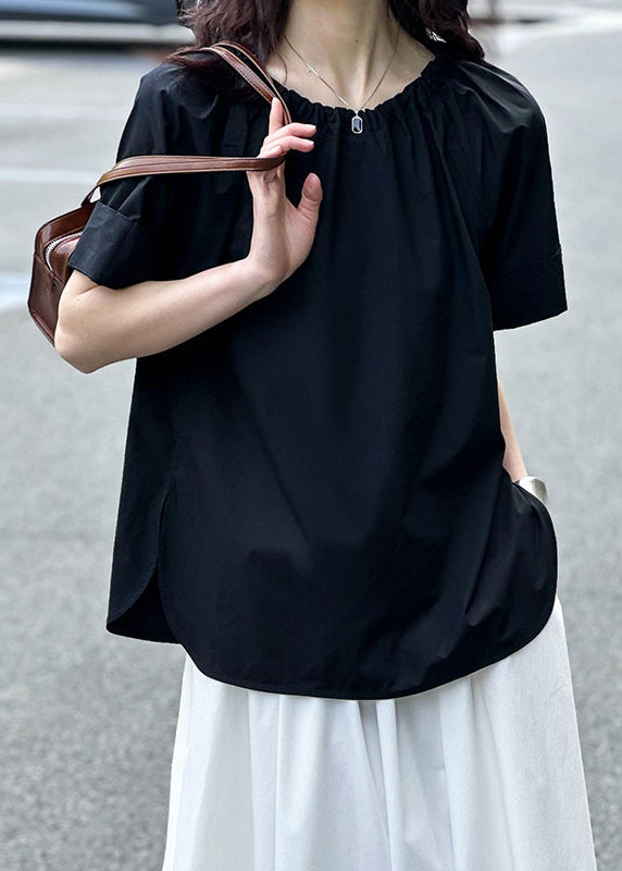 Black Side Open Cotton Tops O Neck Short Sleeve