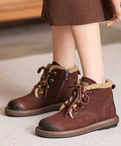 Khaki Cowhide Leather Boots Lace Up Fuzzy Wool Lined