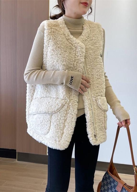Beige Zip Up Patchwork Faux Fur Teddy Vests Winter