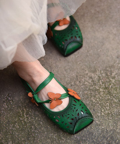 Green Flat Shoes for Cowhide Leather Soft Butterfly Splicing Hollow Out