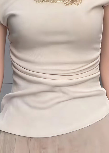 Beige Embroideried Cotton One Shoulder Tops Summer