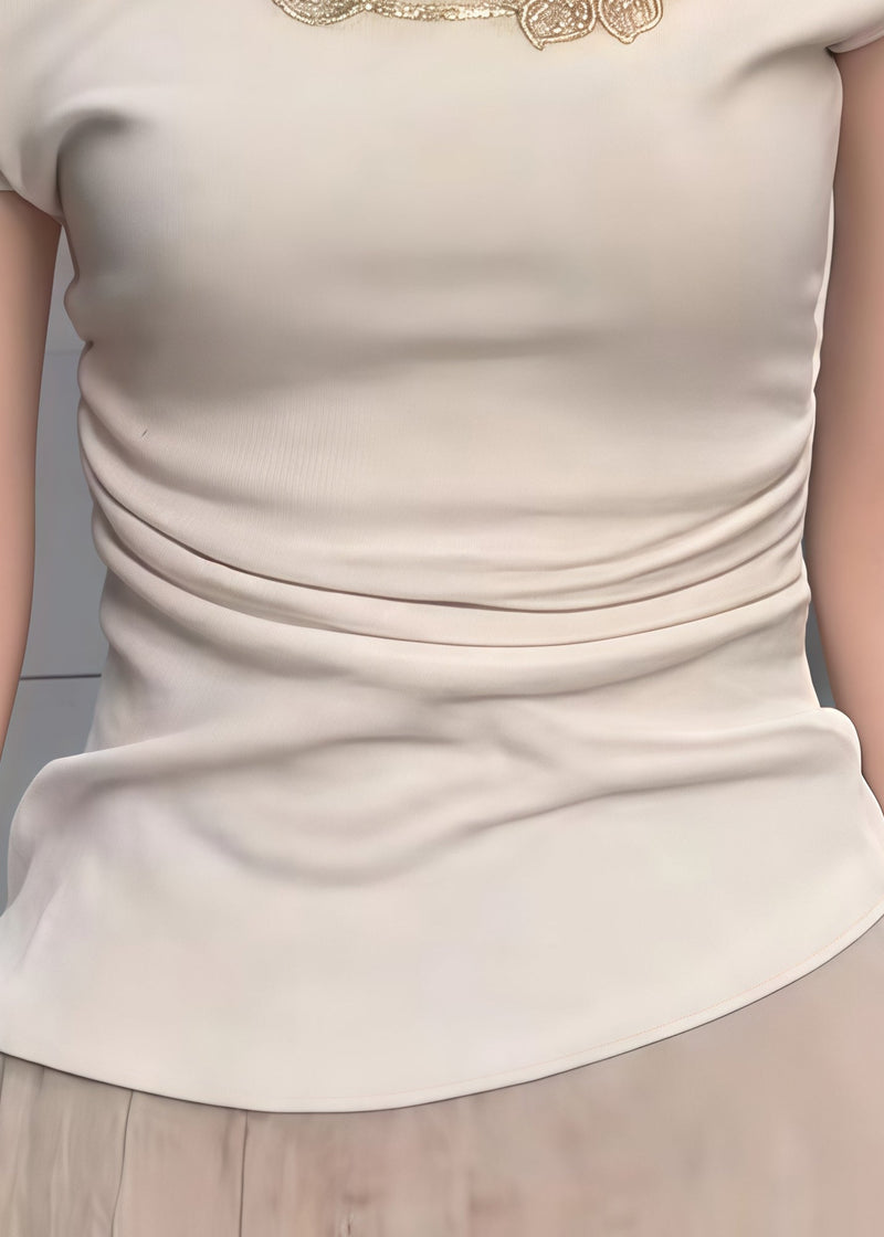 Beige Embroideried Cotton One Shoulder Tops Summer