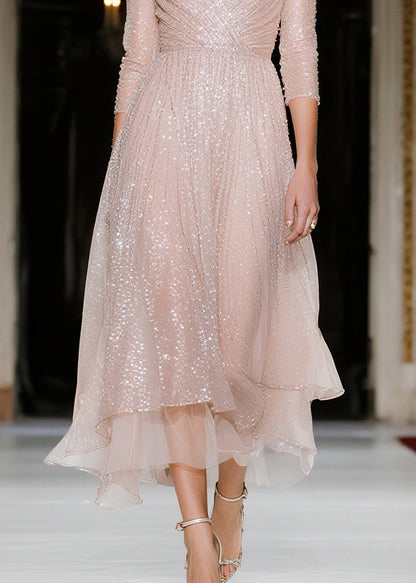 Nude Sequins V Neck Tulle Vacation Dresses Summer
