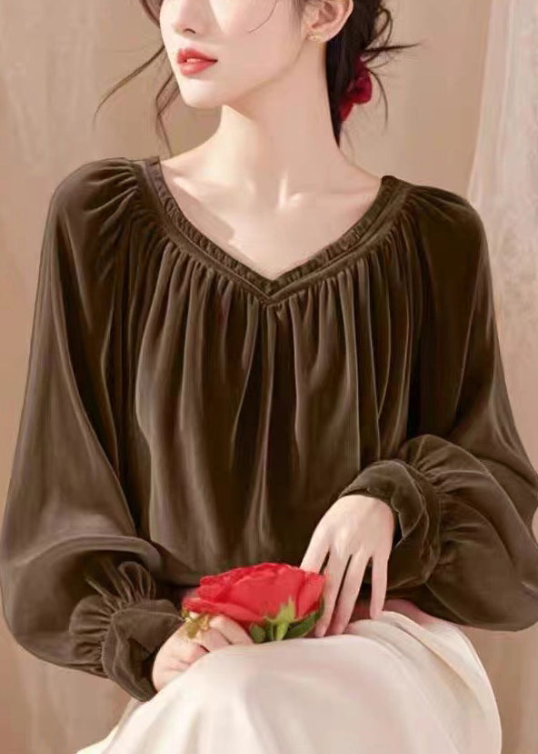 Simple Coffee V Neck Wrinkled Silk Velour Shirt Spring