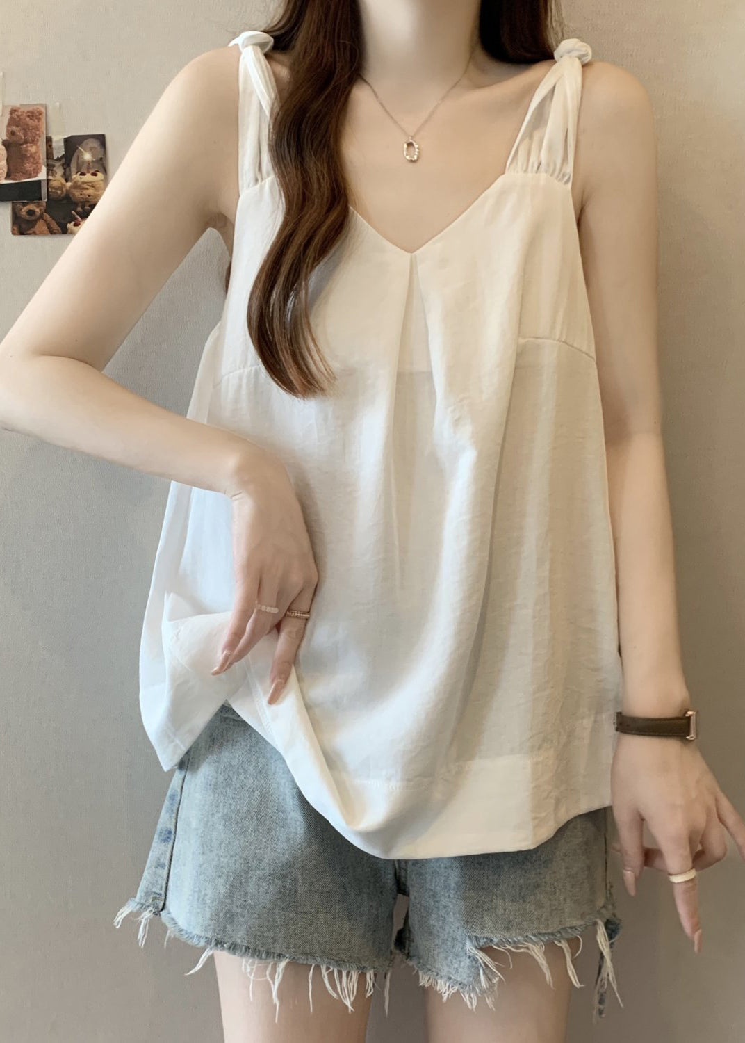 White Wrinkled Cotton Tank V Neck Summer