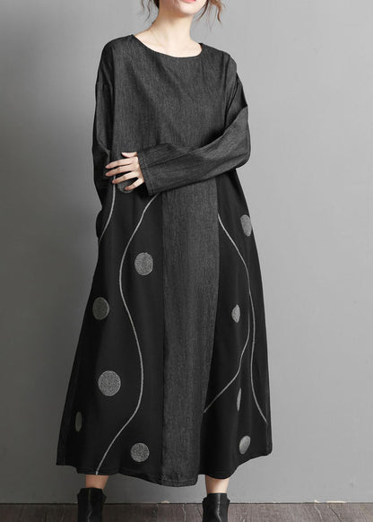 Black Pockets Patchwork Denim Maxi Dresses Embroideried Spring