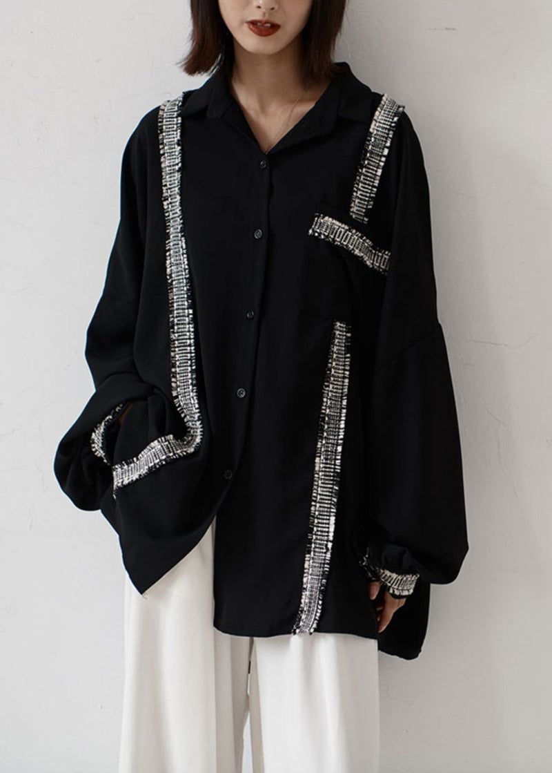 Black Button Pockets Patchwork Chiffon Shirt Fall