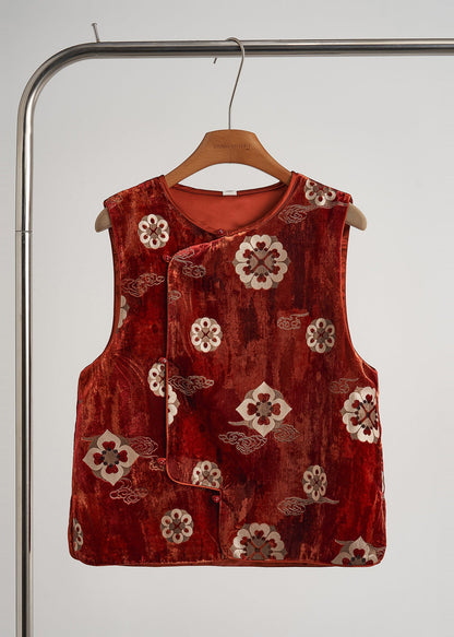 Brick Red Jacquard Silk Velvet Vests Sleeveless