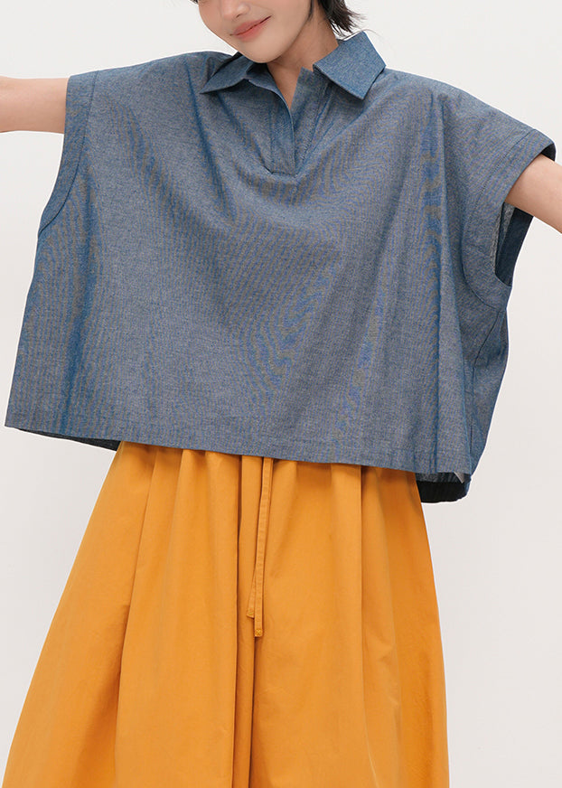 Blue Peter Pan Collar Oversized Cotton Shirts Summer
