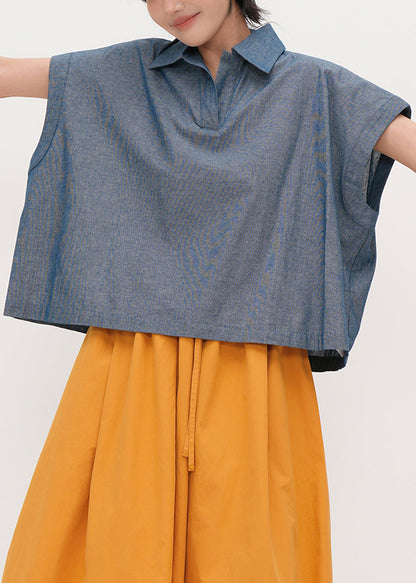 Blue Peter Pan Collar Oversized Cotton Shirts Summer