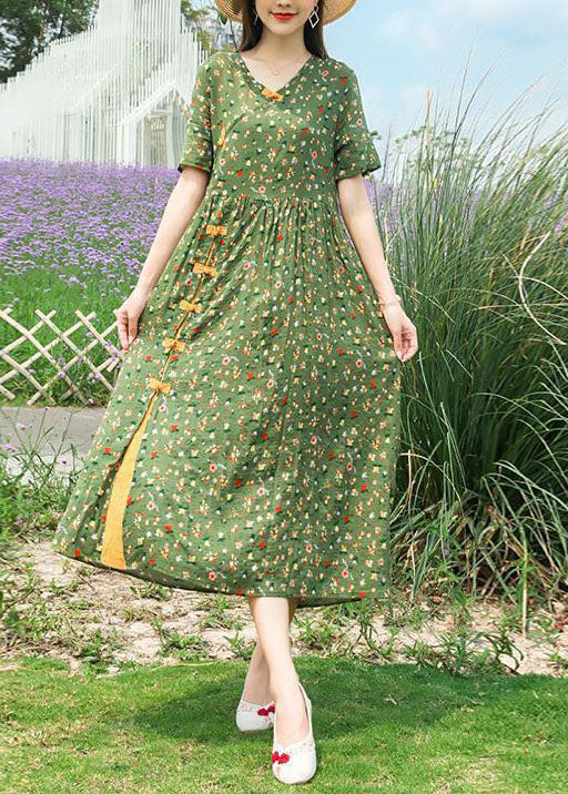 Green Stand Collar Chinese Button Print Linen Dress Summer