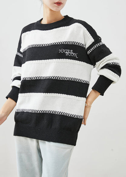 Fitted Black White Striped Letter Embroideried Knitted Tops Winter