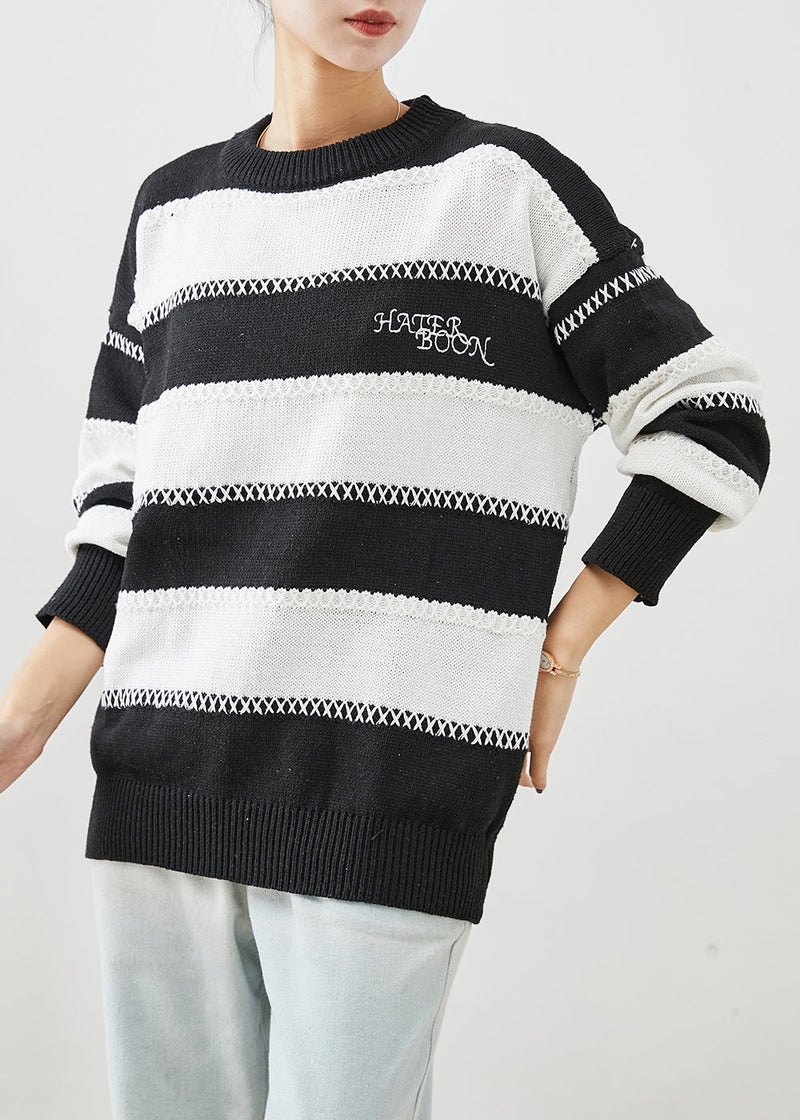 Fitted Black White Striped Letter Embroideried Knitted Tops Winter