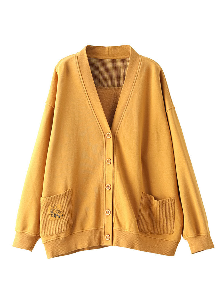 Yellow V Neck Pockets Coats Long Sleeve