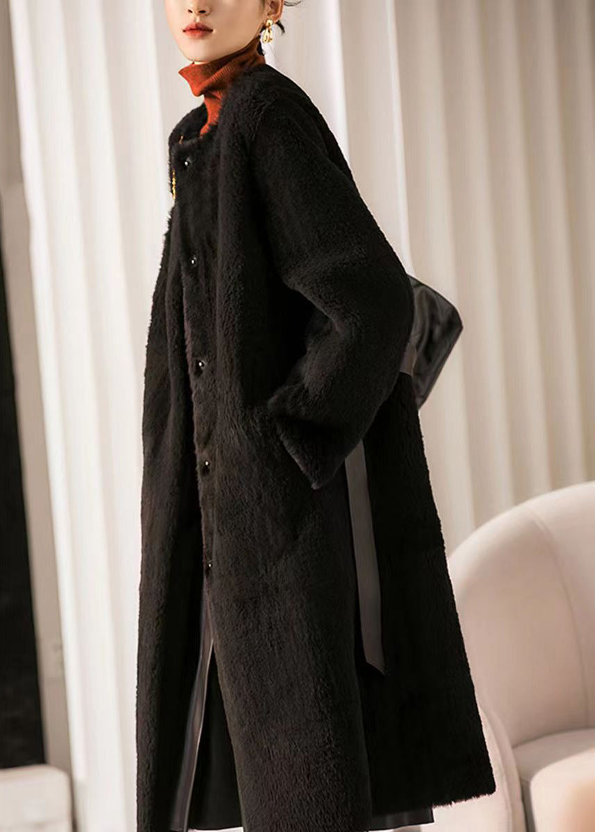 Black O Neck Pocketspatchwork Wool Coat Winter