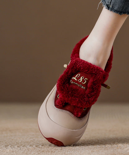 Red Fuzzy Wool Lined Splicing Platform Flat Shoes