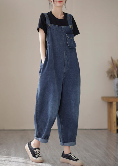 Blue Slash Neck Patchwork Button Denim Jumpsuit Summer