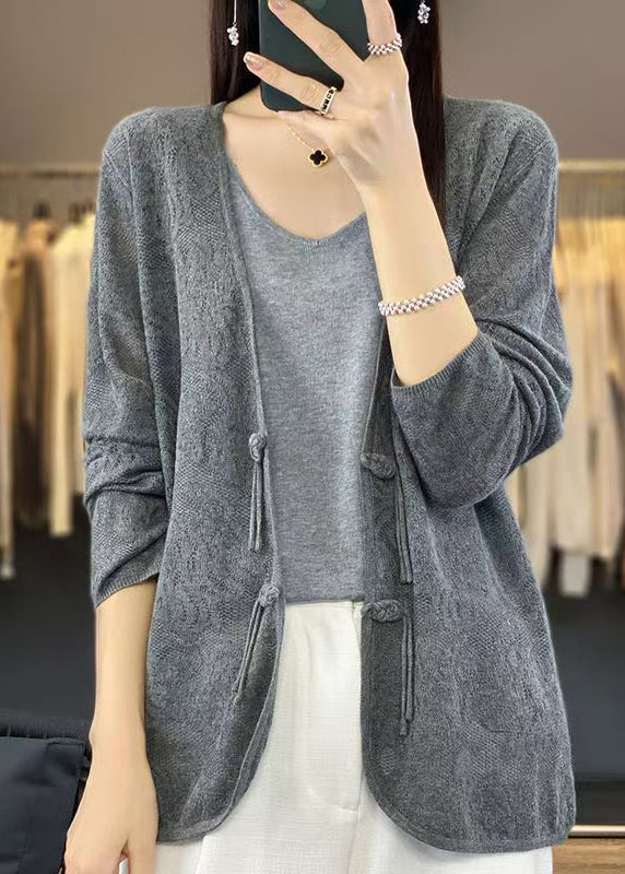 Grey Cozy Knit Cardigans V Neck Long Sleeve