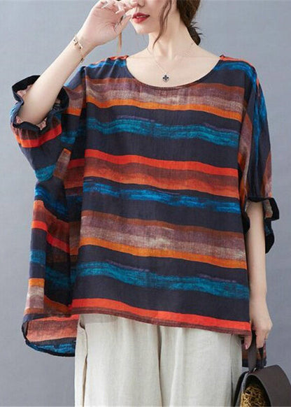 Orange Striped O-neck T Shirt Batwing Sleeve
