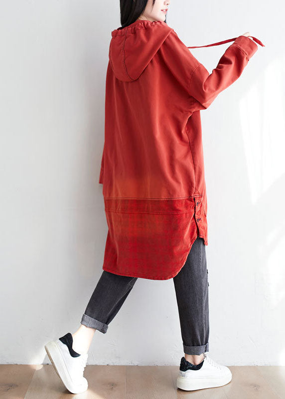 Red Hooded Pockets Print Cotton Sweatshirt Dress Spring