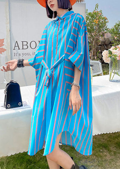 Blue Button Tie Waist Asymmetrical Design Fall Maxi Dress Half Sleeve