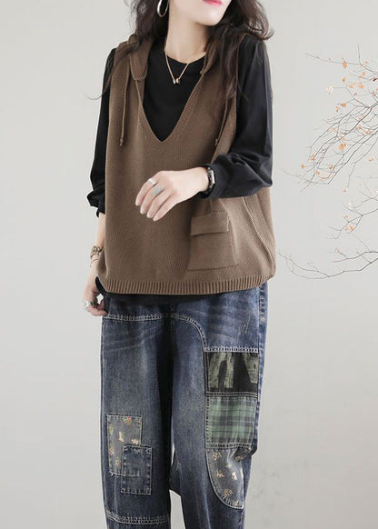 Khaki V Neck Hooded Knit Vest Sleeveless