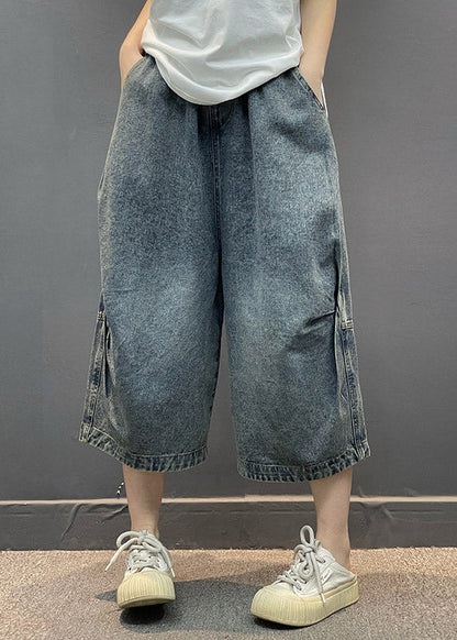 Blue Pockets Patchwork Crop Jeans Summer