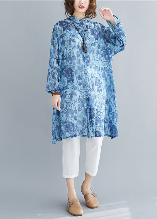 Blue Stand Collar Oversized Print Linen Long Shirt Spring