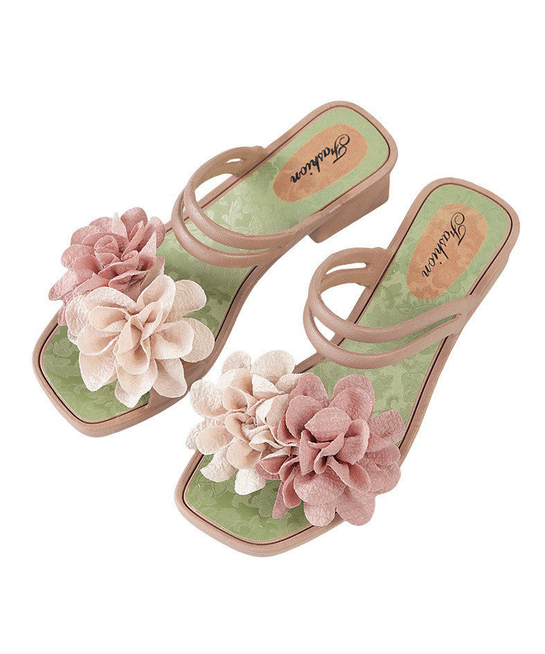 Green Splicing Chunky Slide Sandals Peep Toe