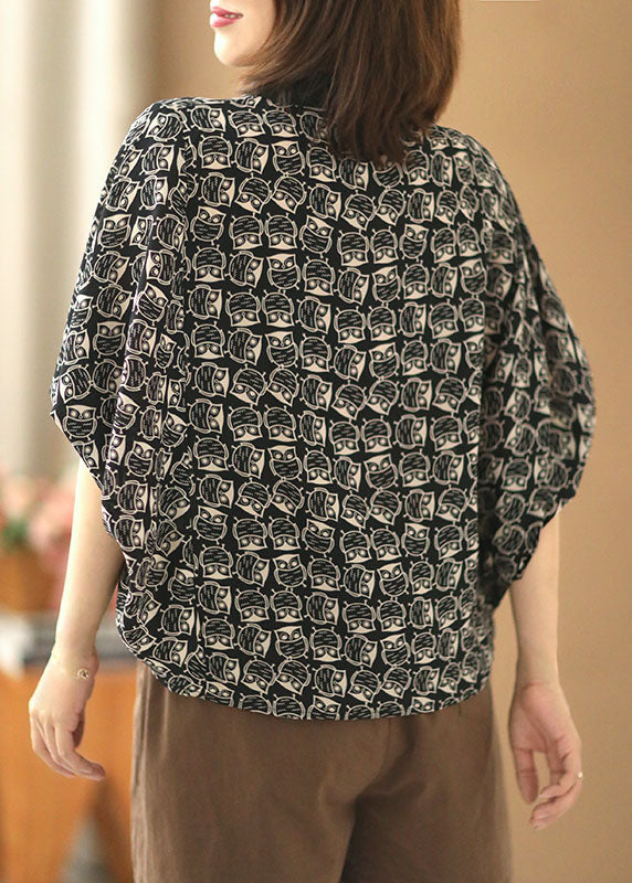 Boutique Black Peter Pan Collar Organza Patchwork Owl Print Chiffon Top Short Sleeve